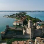 Aerial view of Scaligero Castle and Sirmione peninsula on Lake Garda, Italy.