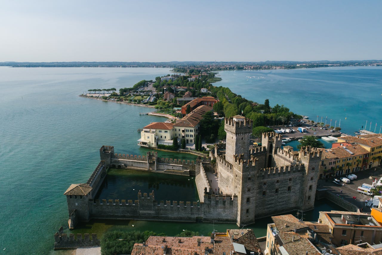 Aerial view of Scaligero Castle and Sirmione peninsula on Lake Garda, Italy.